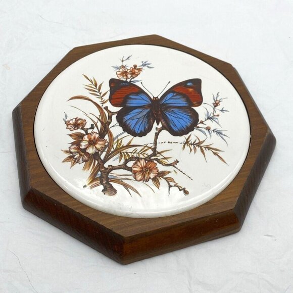Vtg Wall Plaque Tile Trivet Butterfly Blue Brown Flowering Branch Wood Octagon - Picture 1 of 11